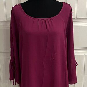 Christopher & Banks Women’s XL Blouse – Eggplant Open Sleeve w/ Button & Bow Det